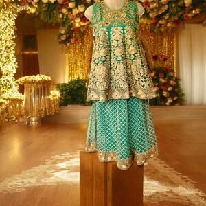 Sharara Skirt Set Teal Gold Embroidery Rhinestone Accents Size 30 Sleeve Option